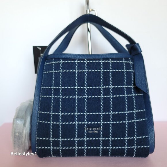 KATE SPADE Knott MEDIUM Denim Check & Leather Crossbody Tote- Indigo Multi⭐ - Picture 2 of 16